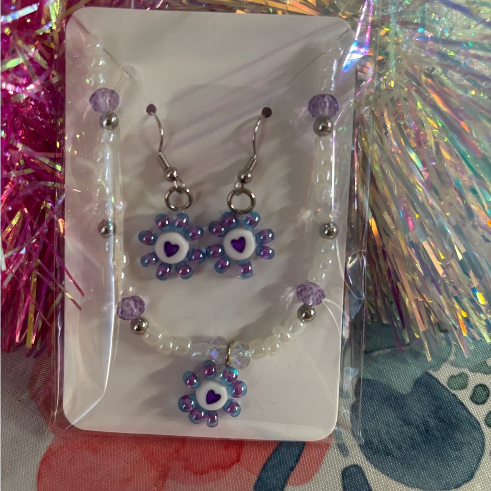 Purple and White Beaded Jewelry Set